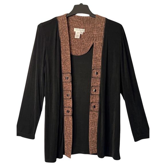 Coldwater Creek Cardigan Womens Size 6 Long Sleeve Black Brown Trim Open Front - Picture 1 of 8